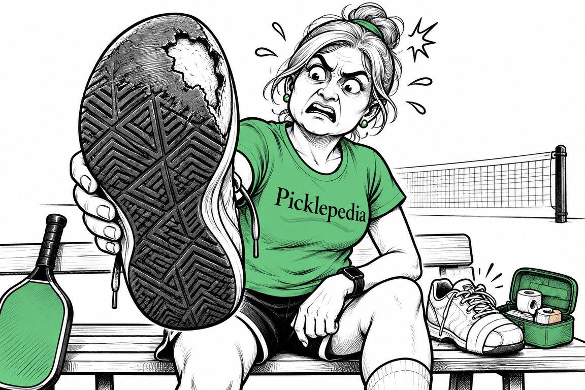 Shocked pickleball player holding up a shoe with its outsole worn through to the foam, beside a bandaged spare shoe