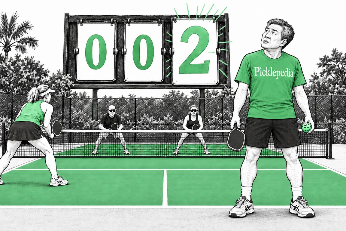 Confused pickleball player looks up at a 0-0-2 scoreboard, learning how to keep score in pickleball
