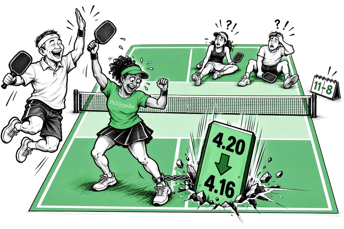Sketch of a pickleball player celebrating an 11-8 win while her rating sign crashes from 4.20 to 4.16 into the court