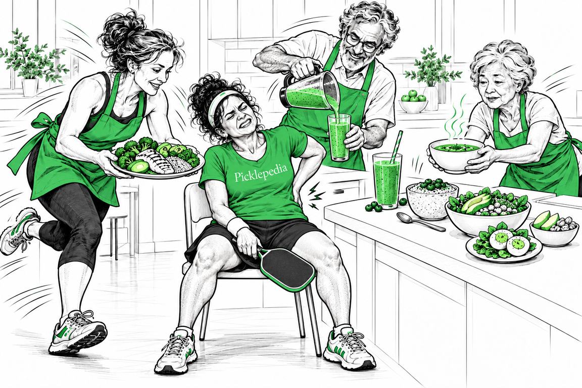A sore pickleball player in a Picklepedia shirt winces with a hand on her back while a pit crew in green aprons serves her smoothies, soup and a recovery plate.