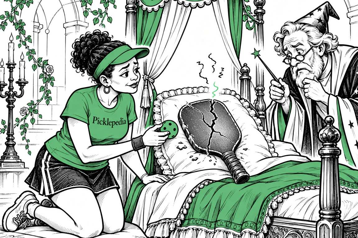 Ink sketch of a pickleball player gently mourning a cracked, dying paddle