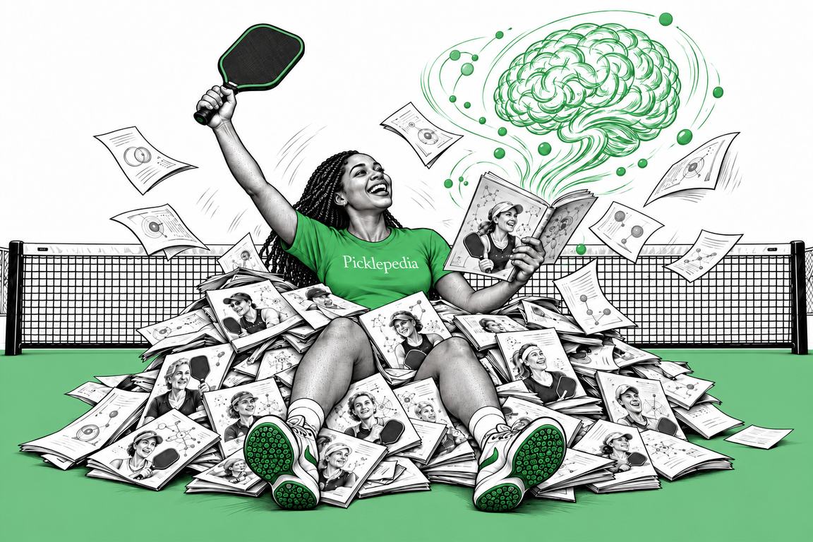 Pickleball player buried in a pile of Science of Pickleball reports by the net, with a green brain rising from the one she's reading