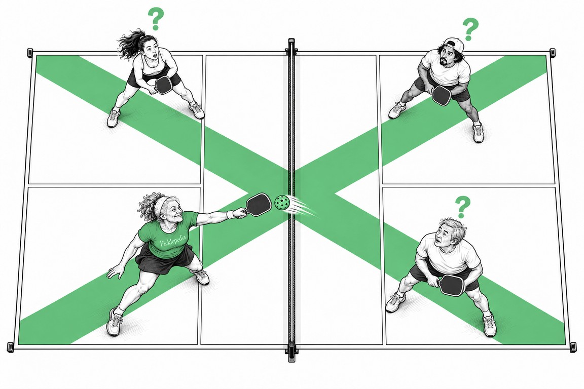 Overhead pickleball doubles court with a giant green X between all four players while one player in a Picklepedia shirt reaches across the middle and the others look confused